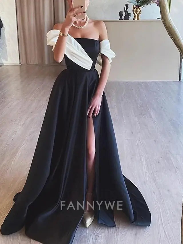 FannyWe Simple A-Line Evening Gown Elegant Dress Formal Prom Floor Length Sleeveless Off Shoulder Satin with Ruched Slit
